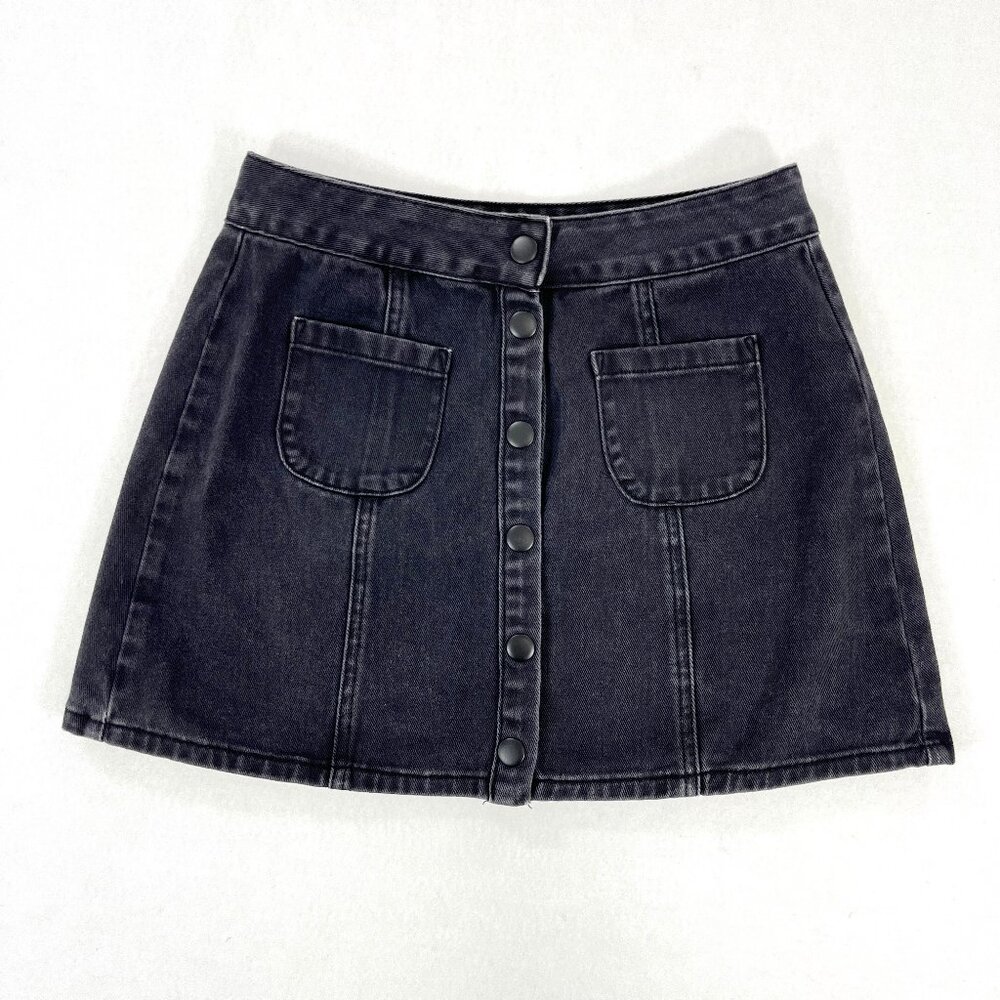 BRANDY MELVILLE Size 26 Snap Front Pocket A-Line Black Cotton Mini Skirt